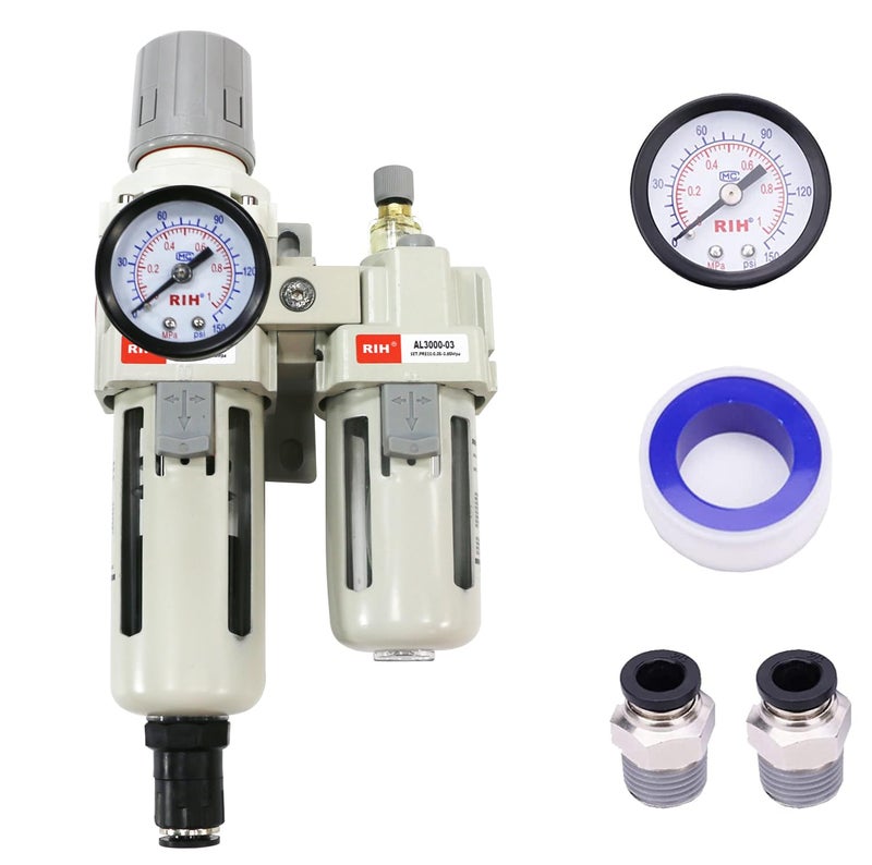 RIH Store Pneumatics Compressed Air Filter Regulator Lubricator Combo Water/Oil Trap Separator - Gauge(0-150 psi), Semi-Auto Drain, Poly Bowl,Bracket - 3 in 1 Two Unit (3/8“ NPT Auto Drain) - Image 1